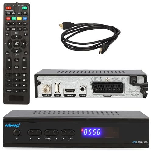 Ankaro 2100 DSR HD Sat Receiver mit PVR Aufnahmefunktion für Satellitenschüssel, AAC-LC Audio, Einkabel tauglich, HDMI,SCART, KOAXIAL, USB 2.0, Timeshift, Receiver für Sat Fernsehen + HDMI Kabel