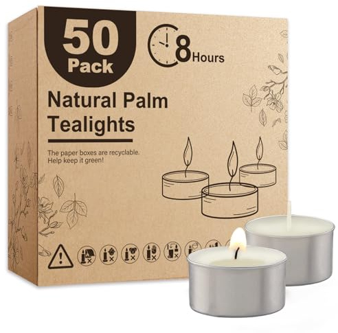 Ashlux Palmwachs Teelichter, 50 Stück, weiß, 8-9 Std. | rußfrei & geruchlos, tropffrei mit Aluminiumhülle, paraffinfrei – ideal für Hochzeit, Party, Tischdeko & Stromausfälle