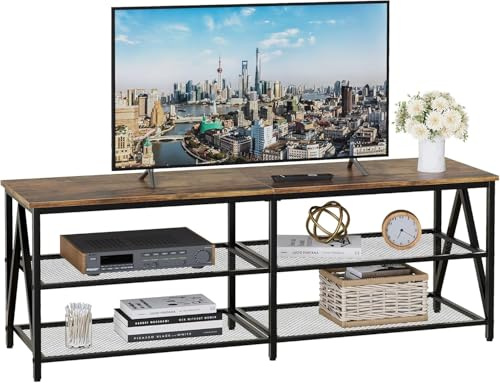 Garden 4 you Tv Tisch,Fernsehtisch,TV-Schrank,Lowboard Tv Schrank für Fernseher bis zu 65 Zoll, Fernsehschrank mit 3 offenen Fächern, TV-Regal Industrie Design, Stahlgestell, 140 x 40 x 50 cm,Braun