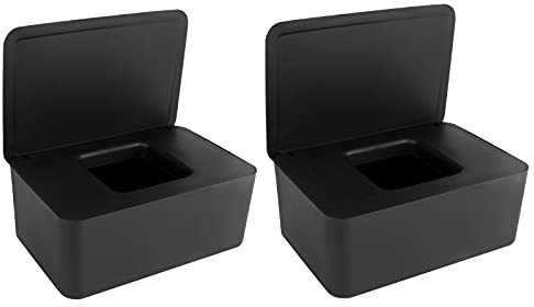 Anruyi 2 Stück Feuchttuch-Box Schwarz Kindertuchbox Kunststoff Toilettenpapierbox Feuchttücher Spender Tücherbox Tissue Aufbewahrungskoffe Serviettenbox mit Deckel für Zuhause Büro