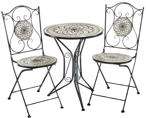 Kobolo Bistroset MOSAIKOPTIK 3 teilig Gartentisch mit 2 Klappstühlen grau | Sitzgruppe mit rundem Mosaiktisch 2 Stühlen Balkonset Gartenmöbel Terrassenmöbel Bistro Garnitur aus Metall