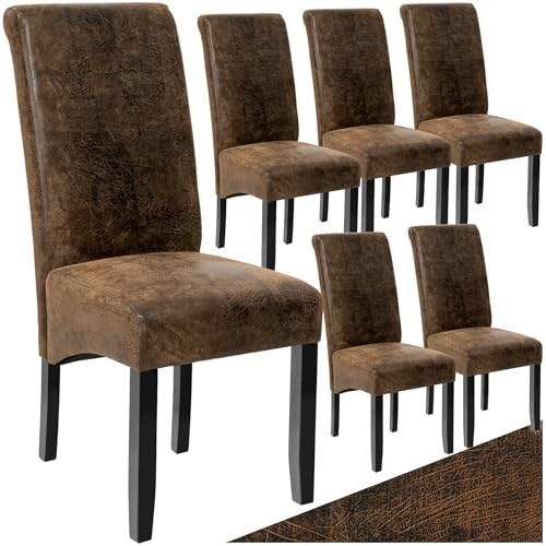 tectake® 6er Set Stühle, Kunstleder Stuhl mit hoher Rückenlehne, ergonomische Form, perfekt für den Esstisch, als Esszimmerstühle, Küchenstühle oder im Wohnzimmer - antikbraun