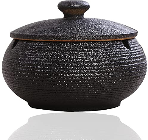 Panngu Windaschenbecher Schwarz Retro Keramik, Aschenbecher mit Deckel für Draußen, Einfachheit Zigarren Aschenbecher für Zuhause und Büro Dekoration (11.5X8.5cm)