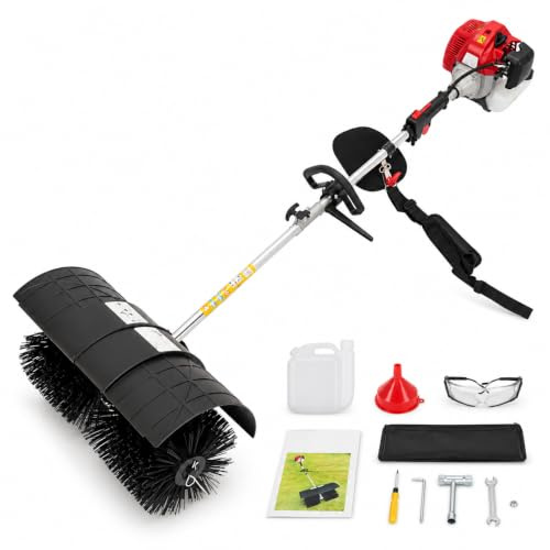 Benzin Kehrmaschine 52cc, 1,7kW Motorbesen mit Kehrbürste | 2.3PS Handgeführte Motorbürste für Hof, Straße und Garten, Benzin Laubkehrmaschine mit verstellbarem Griff