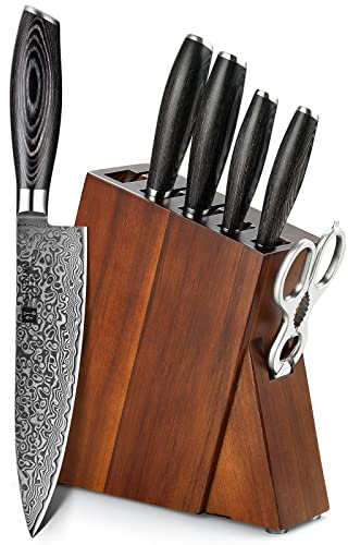 XINZUO 67 Schichten Damaststahl 7-teiliges Küchenmesser Messerblock Set | Kochmesser Set 7er -10Cr15CoMoV Stahlkern Scharf Profi Chefmesser -Ergonomischer Pakkaholz Griff -mit Geschenkbox -Ya Serie