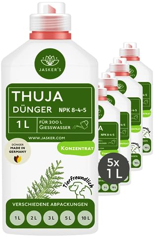 Thuja Dünger flüssig 5 Liter Konzentrat - Flüssigdünger für 1000 Liter Gießwasser - 100% Schnelldünger - Organischer Koniferendünger - Kalium Dünger für Thuja Smaragd
