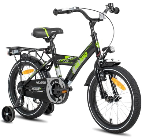 HILAND 16/18 Zoll Kinderfahrrad, für Jungen Kinder ab 5 6 7 8 Jahren mit Rücksitz/Gepäckträger Stützräder Handbremse und Rücktrittbremse