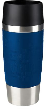 EMSA Travel Mug, Classic Thermobecher, 0,36 L, Doppelwandige Vakuumisolierung, 4 Std. heiß, 8 Std. kalt, 360° Trinken, Soft-Touch Silikonhülle, Edelstahl, Blue, 513357