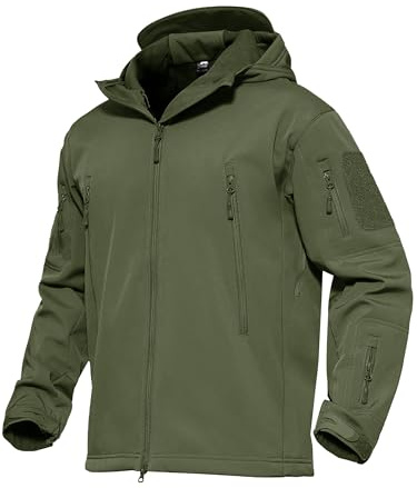 KEFITEVD Angeljacke Herren Winter Viele Taschen Wasserdicht Softshelljacke Winter Militär Jacke Softshell Arbeitsjacke mit Kapuze Übergangsjacke Männer Armeegrün 2XL