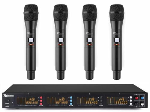 Power Dynamics PD504H - 4 drahtlose Mikrofone und UHF-Verstärker, 4 Kanal Mikrofonset, drahtlos Mikrofone, mit Display und Mute, Handmikrofon, Gesang, Sprache, Show, DJ
