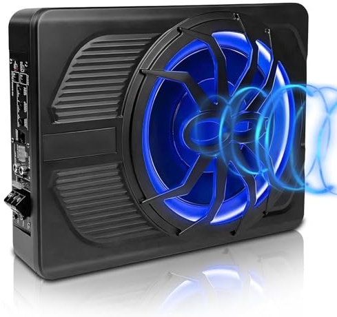 WODHMIEY 10 Zoll 800W Ultra-Dünner Aktiv-Subwoofer Für Auto/Truck Mit Verstärker, 24dB Starker Bass, Tiefpassfilter 50Hz-150Hz, Controller, Mit Schutzfunktionen, LED Ambiente Licht(Blauem Licht)