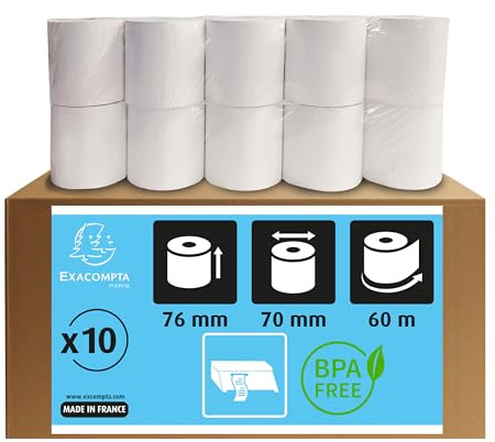 Exacompta 40991E 10er Pack Kassenrollen 1-lagig thermisch hohe Auflösung für Waagen, 55g, Breite: 76mm, Duchmesser: 70mm, Länge: 60m Weiß