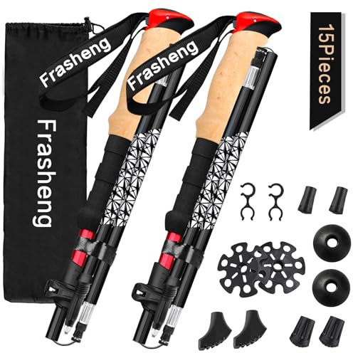 Frasheng Wanderstöcke Nordic Walking Stöcke Trekkingstöcke, Teleskop Wanderstöcke Carbon & Aluminium mit Korkgriff,Verstellbar 108-135cm und Klemmverschluss mit 5Paar Gummipuffers für Damen und Herren