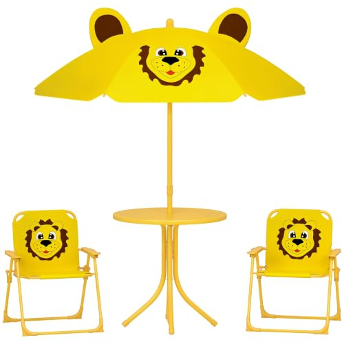 AIYAPLAY Kindersitzgruppe mit Sonnenschirm Höhenverstellbar Gelb | Kindersitzgarnitur, 2 Klappstühle, Kinder Gartenmöbel, für Garten Strand