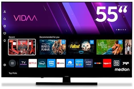 MEDION 138,8 cm (55 Zoll) QLED Fernseher (Smart-TV, Dolby Vision HDR, VIDAA Store, Prime Video, Disney+, DAZN, Paramount+, DTS X, Dolby Atmos, PVR, Bluetooth, MD 855600)