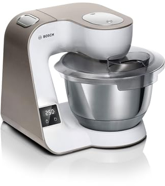 Bosch Küchenmaschine Serie 4, integrierte Waage, Mixer 1,25 L, Edelstahl-Schüssel 3,9 L, Profi-Knethaken, Schnee-, Silikonbesen, Durchlaufschnitzler, 4 Scheiben, 1000 W, weiß, MUM5XW20