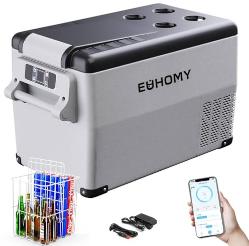 EUHOMY 30,6L Kompressor Kühlbox 12V/24V DC - Kühl-Gefrier-Kombi (-20℃~20℃) mit App & LCD-Display | Tragbarer Campingkühlschrank für Wohnmobil, Auto, Boot | 3-Stufen-Batterieschutz (ECO/MAX), ≤45dB
