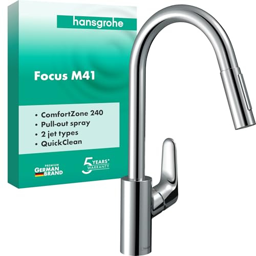 hansgrohe Focus M41 - Küchenarmatur mit Brause ausziehbar, 2 Strahlarten, Wasserhahn Küche mit Auslaufhöhe 240 mm, Mischbatterie Küche 150° schwenkbar, Chrom, 31815000