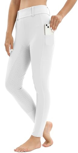 Havideto Reitleggings Damen Vollbesatz mit Handytasche, High Waist Reithose Damen Mädchen Stretch mit Gürtelschlaufen Weiß M
