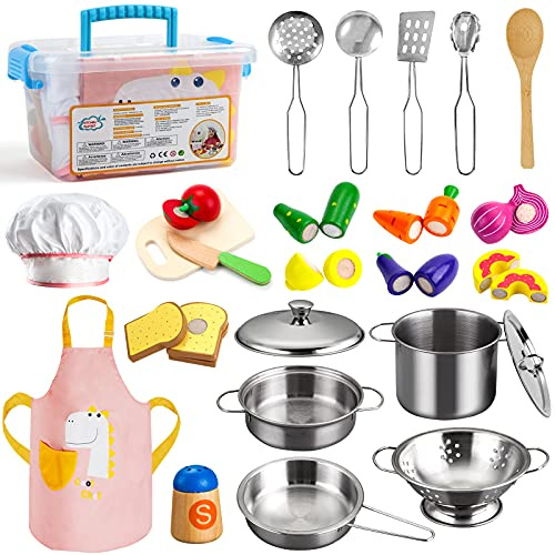 Sundaymot Küchenspielzeug Zubehör, Kinderküche Kochgeschirr Mit Edelstahl Töpfe Pfannenset, Schürze und Kochmütze, Gemüse Lebensmittel Spielzeug Rollenspiele Set für Mädchen Jungen
