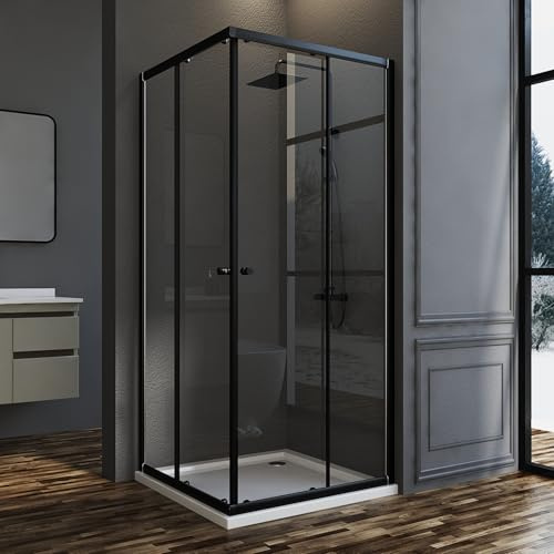 Duschkabine Schwarze Eckeinstieg 75x75 cm, Doppelschiebetür Duschwand Schiebetüren Duschabtrennung 6mm ESG gehärtetes Glas, Dusche Duschtür Höhe 185 cm