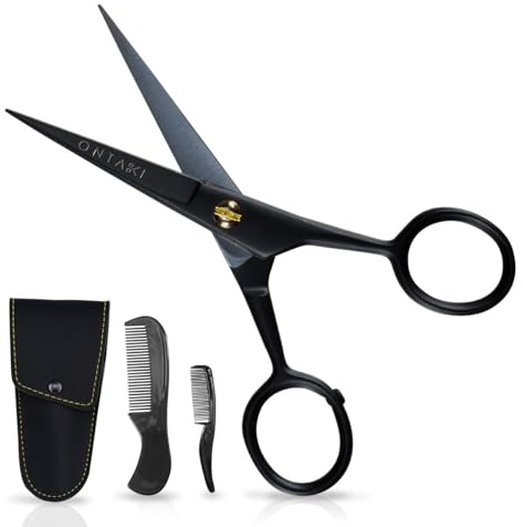 ONTAKI Professionelle Bartschere aus deutschem Stahl, 12,7 cm, Herren-Schnurrbartschere mit Bartkamm und Tragetasche, handgeschmiedete, abgeschrägte Kante, Präzisions-Gesichtsbehaarung – Schwarz