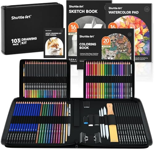 Shuttle Art 103 teiliges Zeichenset, Malset, Künstler Set, mit Buntstifte, Zeichenstifte, Aquarellstifte und Graphitstifte in einem Federmäppchen, für Kinder, Erwachsene zum Zeichnen geeignet