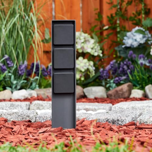 HOFSTEIN Steckdosensäule Reigolil, Steckdose mit Leuchte aus Metall/Kunststoff in Anthrazit/Schwarz, Steckdose mit 3 Anschlüssen, 3 x max. 3680 Watt, 230 V, Garten, Terrasse, Außenbereich