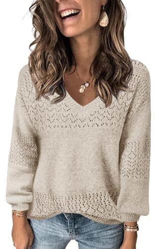Fisoew Damen V-Ausschnitt Strickpullover Langarm Gerippte Pullover Leicht Häkelpullover Casual Sweater,Beige,M