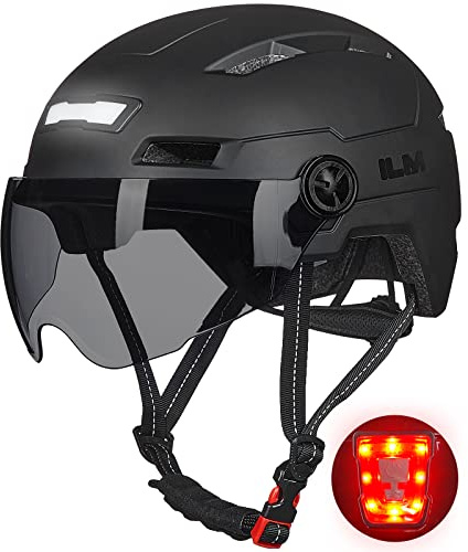 ILM Fahrradhelm mit Visier und LED Licht Mountain&Road Fahrradhelme für Damen und Herren Fahrradhelm für Pendeln in der Stadt E3-10L，schwarz L-XL