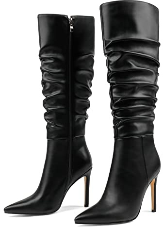 COLETER Damen Kniehohe Stiefel Pointed Toe Stiletto Schnalle Kleid Stiefel Slouch Reißverschluss Absatz Stiefel, schwarz, 40.5 EU