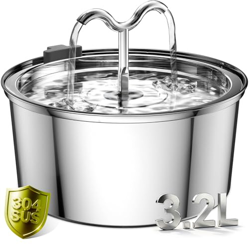 DOOOB Katzentrinkbrunnen, 3,2L Katzen Trinkbrunnen, Katzenbrunnen Edelstahl mit Ultra-Leiser Pumpe, Automatischer Trinkbrunnen für Katze und Kleine Hunde, Inkl. 1 Filter & 1 Schwamm