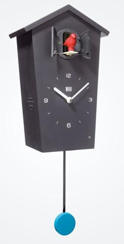KOOKOO Birdhouse schwarz, Moderne Design Kuckucksuhr, mit 12 Vogelstimmen oder Kuckuck