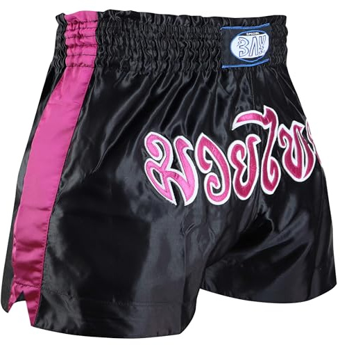 BAY Remy Thaiboxhose Kickboxhose Muay Thai Hose kurz aus Polyester mit traditioneller Thaischrift Schwarz/Pink Rosa für Damen, Herren, Kinder, Erwachsene, Mädchen, Jungen Größe S