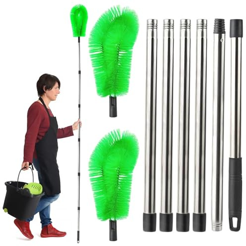 Dachrinnenbürste, Dachrinnenreiniger mit 6 Pcs Abnehmbaren Teleskopgriffen Und 2 Pcs Grüne Bürstenköpfe, 258cm Dachrinnenreiniger für Reinigen von Blättern/Dach/Fenstern/Dachrinnen/Kronleuchtern