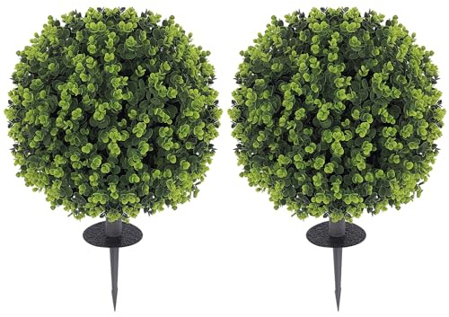 HOMCOM 2er-Set Künstlicher Buchsbaumkugeln 40 cm Kunstpflanze mit Erdspieß, künstliche Pflanzen Plastik wie echt Deko mit UV-Schutz für Wohnzimmer Schlafzimmer Büro Garten