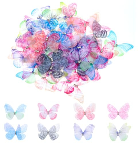 YUXIANLB 60 Stück 3D Schmetterlinge Organza Stoff Durchscheinender Chiffon Schmetterling Deko Farbverlauf für DIY Dekoration Scrapbooking Gepäck Wand und Fenster Haarspange Dekoration