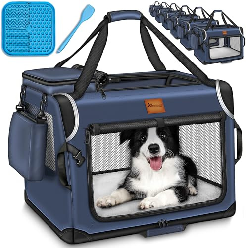 TRESKO® Hundebox faltbar mit Leckmatte, Spatel & Reflektoren L 70x52x52cm | Transportbox für Hunde und Katzen | Hundetransportbox Auto für kleine & große Hunde | Hundetasche für Zuhause robust