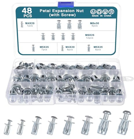 HSEAMALL 48 Stück Petal Expansionsmuttern mit Schrauben, M4x20, M5x25, M6x25, M8x30 Jack Nuts Petal Nuts Set Expansionsschraube Spreizmutter Hohlraumdübel