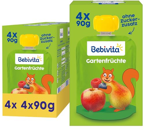 Bebivita Gartenfrüchte Quetschie – 16 Stück (4er Pack, je 4 x 90g), ohne Zuckerzusatz, glutenfrei, ideal für unterwegs und selbständiges Snacken