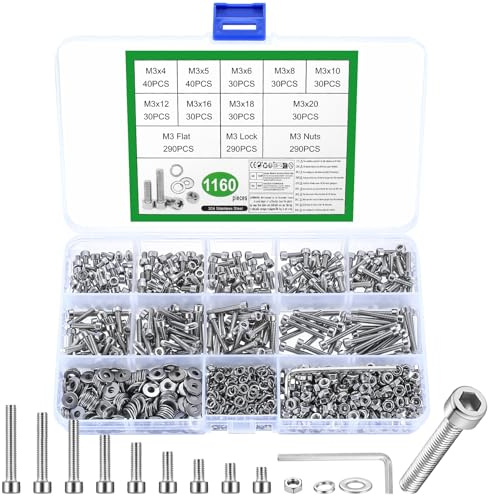 1160 Stk M3 Schrauben Set, Sechskantschrauben Muttern Set, Edelstahl Zylinderschrauben Innensechskant Schrauben mit Muttern und Unterlegscheiben Set, Maschinenschrauben Gewindeschrauben Sortiment
