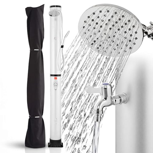 Arebos Solardusche 40 L Silber | Pooldusche & Gartendusche mit Thermometer | Regendusche mit Handbrause, Fußdusche & 360° Duschkopf | inkl. Abdeckhaube