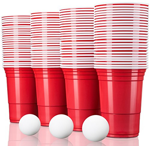 TRESKO 50 Beer Pong Becher + 6 Bälle wiederverwendbar | Partybecher 473ml - 16oz | Bierpong, Red Cups extra stark | Plastikbecher Rot