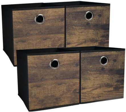 4 Stück Haltbare Aufbewahrungswürfel Behälter mit Vintage Holzkorn,Dekorative Stoffbox Aufbewahrungskörbe für Regal,Platzsparende Aufbewahrungsboxen im Schrank,Schlafzimmer,Büro,30x30x30cm(Mittelgroß)