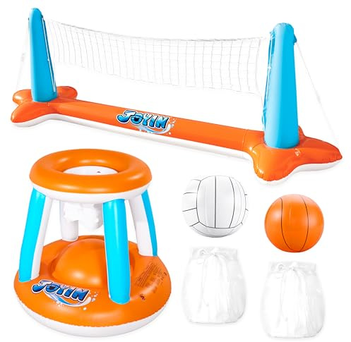 JOYIN Aufblasbare Pool Float Set, Volleyballnetz & Basketballkörbe & Bälle für Kinder und Erwachsene, Wasserspielzeug Poolspielzeug Volleyball Basketball Pool Spielzeug, Wassersport Sommerspielzeug