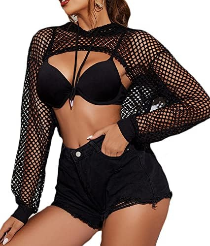 Avidlove Damen Fischnetz Top Langarm Hoodie Mesh Oberteil Kapuze Sexy Shirt | Neon Netzoberteil mit Kapuze Kordelzug,Fischnetz Top,Vorne Kurz und Hinten Lang,Rave Party Club Halloween Festival Outfit