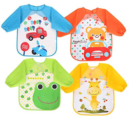 Vicloon Baby Lätzchen mit Lange Ärmeln, 4 Stück Wasserdicht Babylätzchen, Ärmellätzchen Abwaschbar, Unisex für Malen Play Essen Kunst Handwerk Malerei, 4 Muster, Passend für 6-36 Monate Kinder