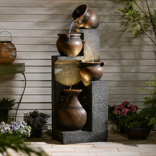 Bumilgar 135 cm großer Gartenbrunnen für Außen – 4-stufiges, modernes Kaskaden-Design mit warmem LED-Licht für Veranda, Terrasse, Balkon und Garten (Grau)