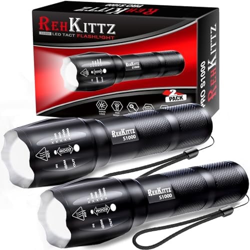 REHKITTZ Taschenlampe, Extrem Hell Tragbare Handlampe 2 Stück, 2000 Lumen, Wandern Camping Taschenlampe LED, Taktische Taschenlampe Outdoor Aluminium Alloy Material Mit 5 Licht Modi und Zoom