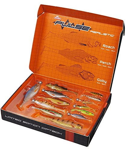 Berkley Pulse Realistic - Set mit 13 Gummiködern und 6 Jigköpfen. Geschenkbox für Angler, die auf Barsch, Zander, Hecht, Rapfen, Döbel und Forelle angeln.